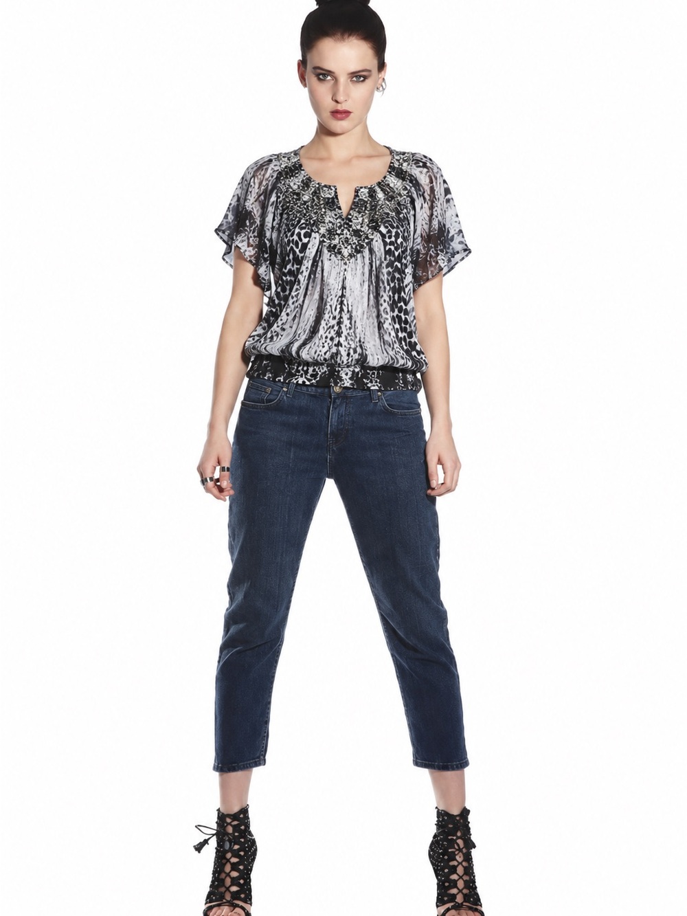 Apt. 9 Black and White Printed Flutter-Sleeve Tunic with Embellished Neckline